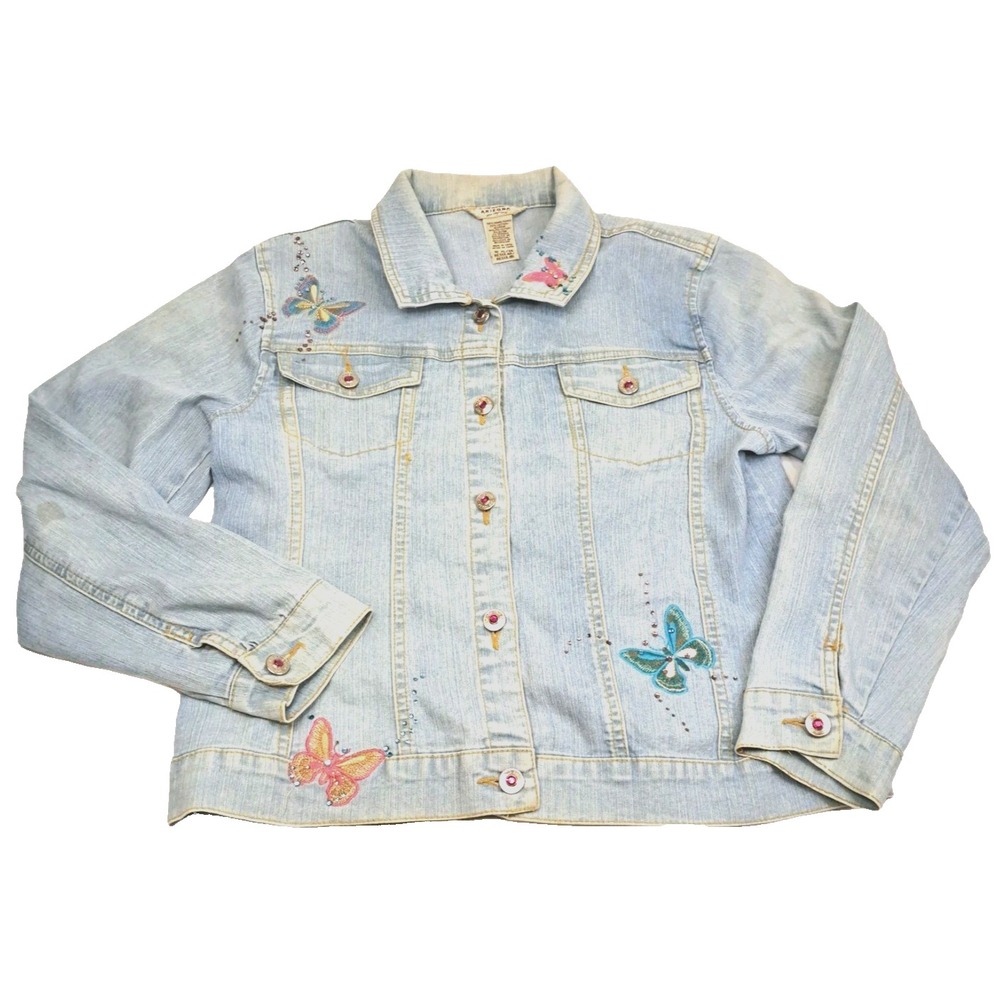 Vtg Arizona Denim Jean Jacket Girls XL / Womens S Embroidered Butterfly Cropped